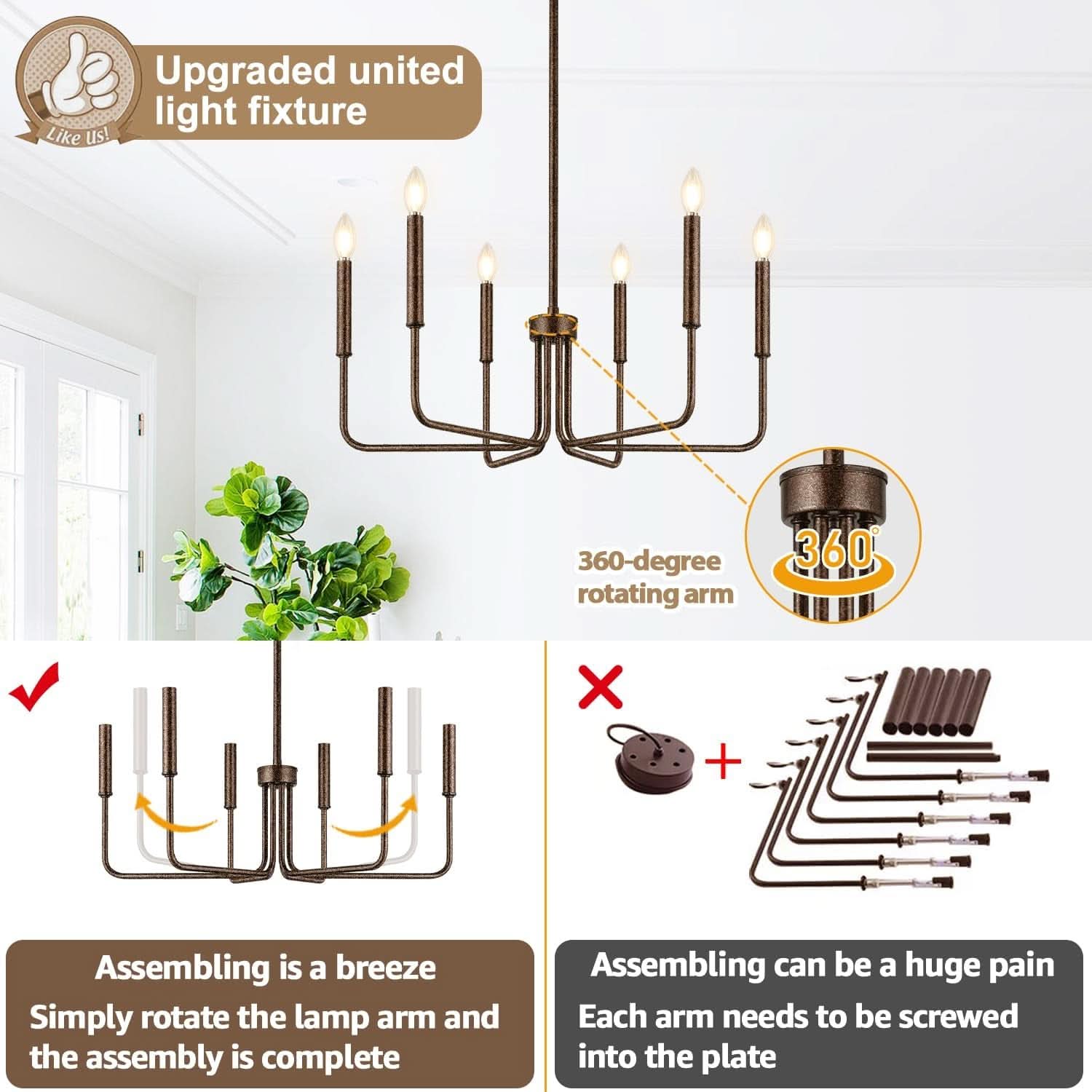 Rustic Black 6 Light Farmhouse Chandelier For Dining Room