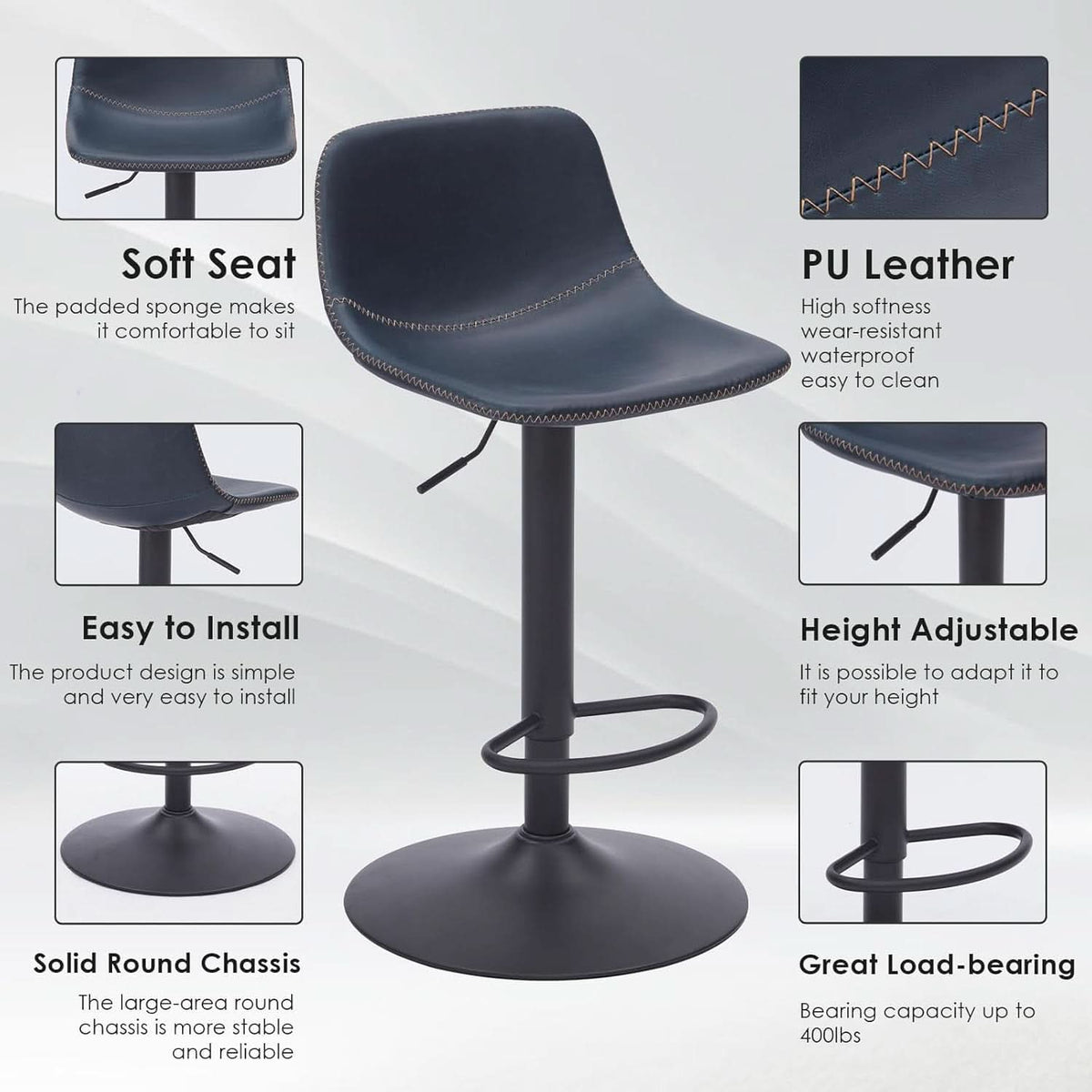 Adjustable Bar Stools Set Of 2 With Swivel Back Support