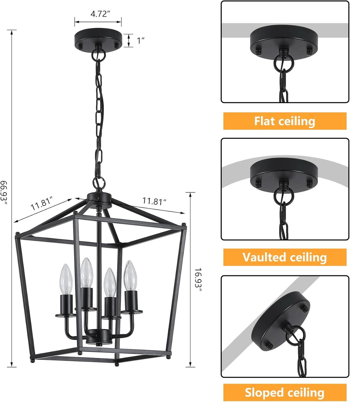 UL Black Industrial Lantern Chandelier 4 Light Pendant