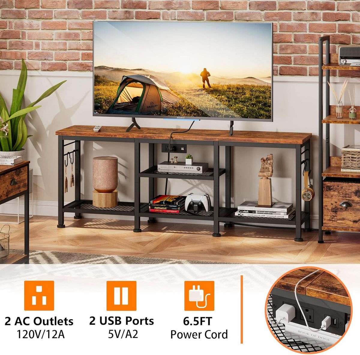 Rustic Brown TV Stand With Power Outlets For 55 Inch TVs