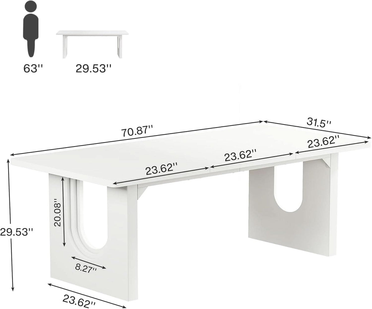 Modern White Dining Table 71 Inch With Wood Pedestal Base