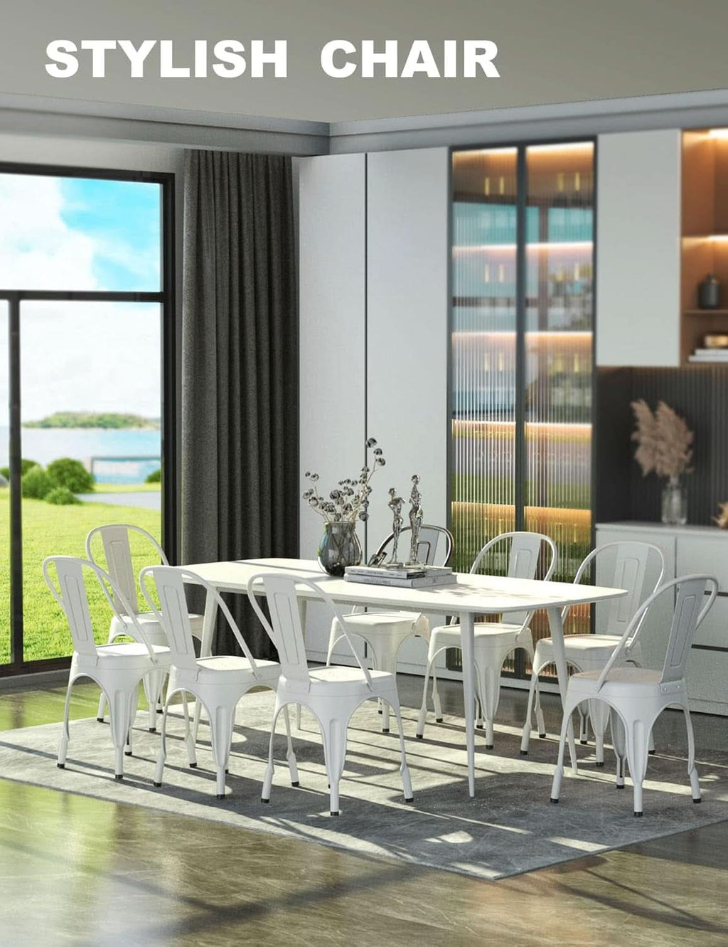 Tolix Style Metal Dining Chair White Stackable Set Of 4
