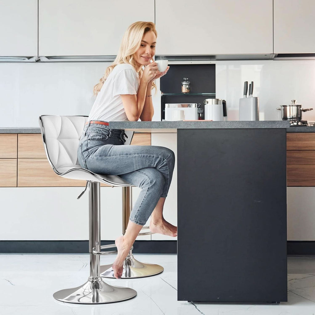 Bar Stools Set Of 2 White PU Leather Adjustable Swivel
