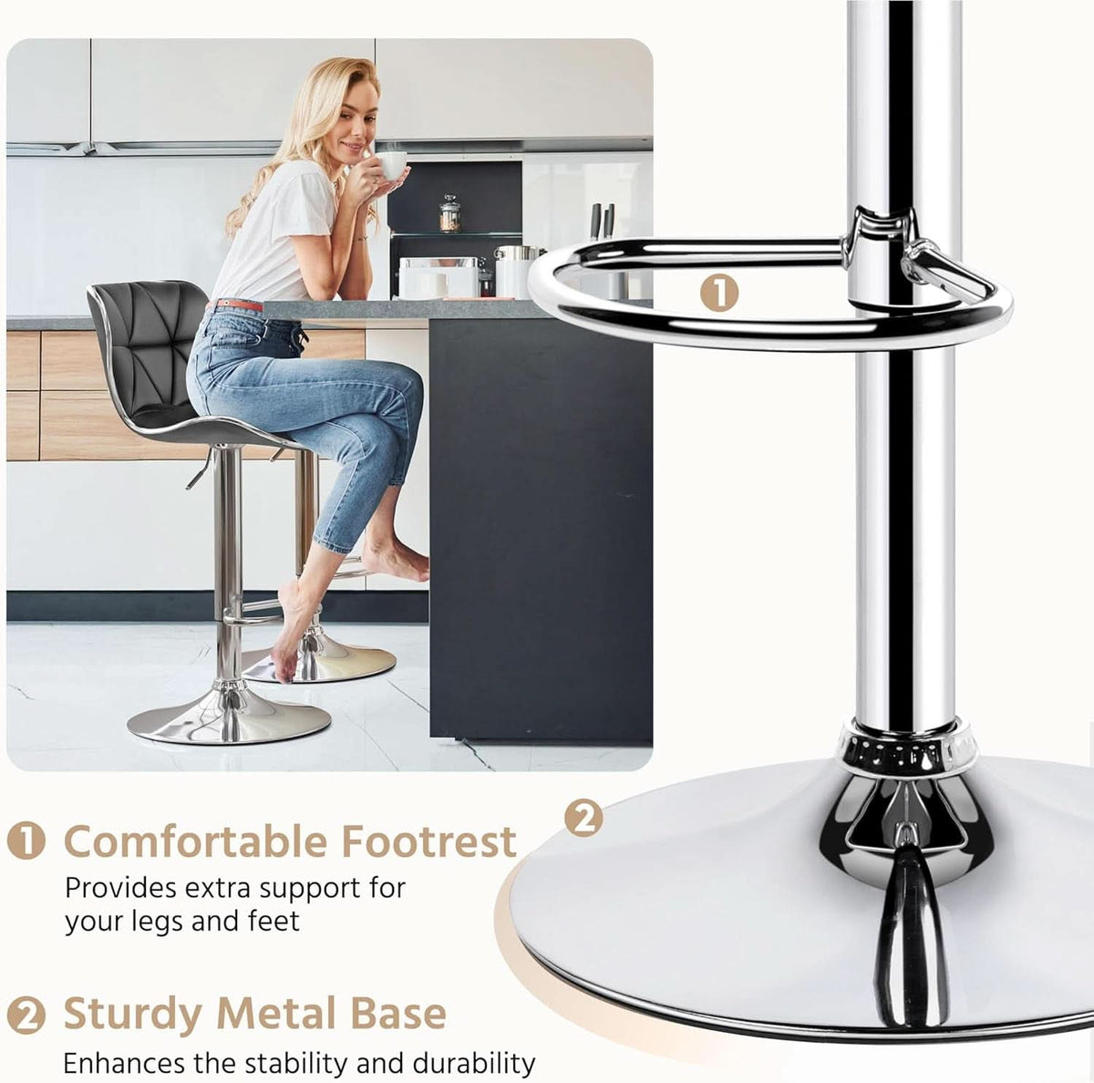 Grey Adjustable PU Leather Swivel Bar Stools Set of 2, Counter Height