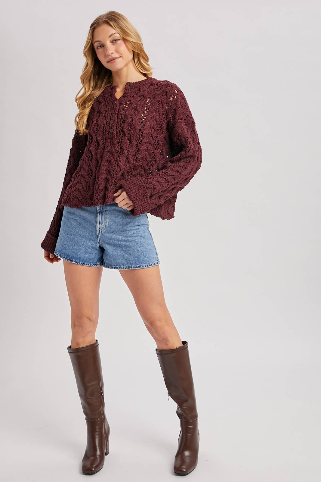 Half-Button Down Open Knit Sweater: ECRU