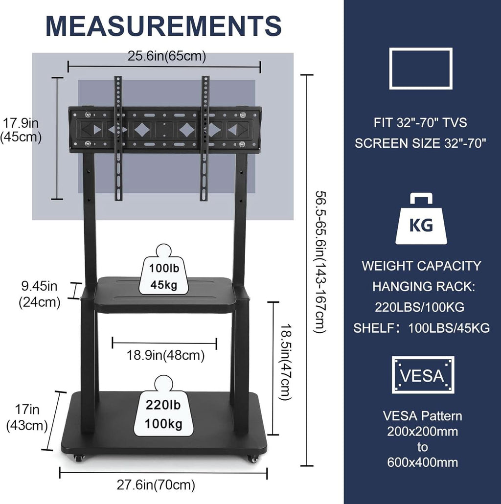 Height Adjustable Rolling TV Stand for 32-75 Inch TVs