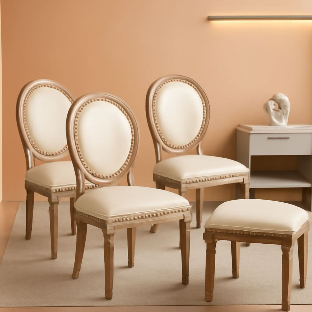 Vintage French Leather Dining Chairs Set Of 4 Beige