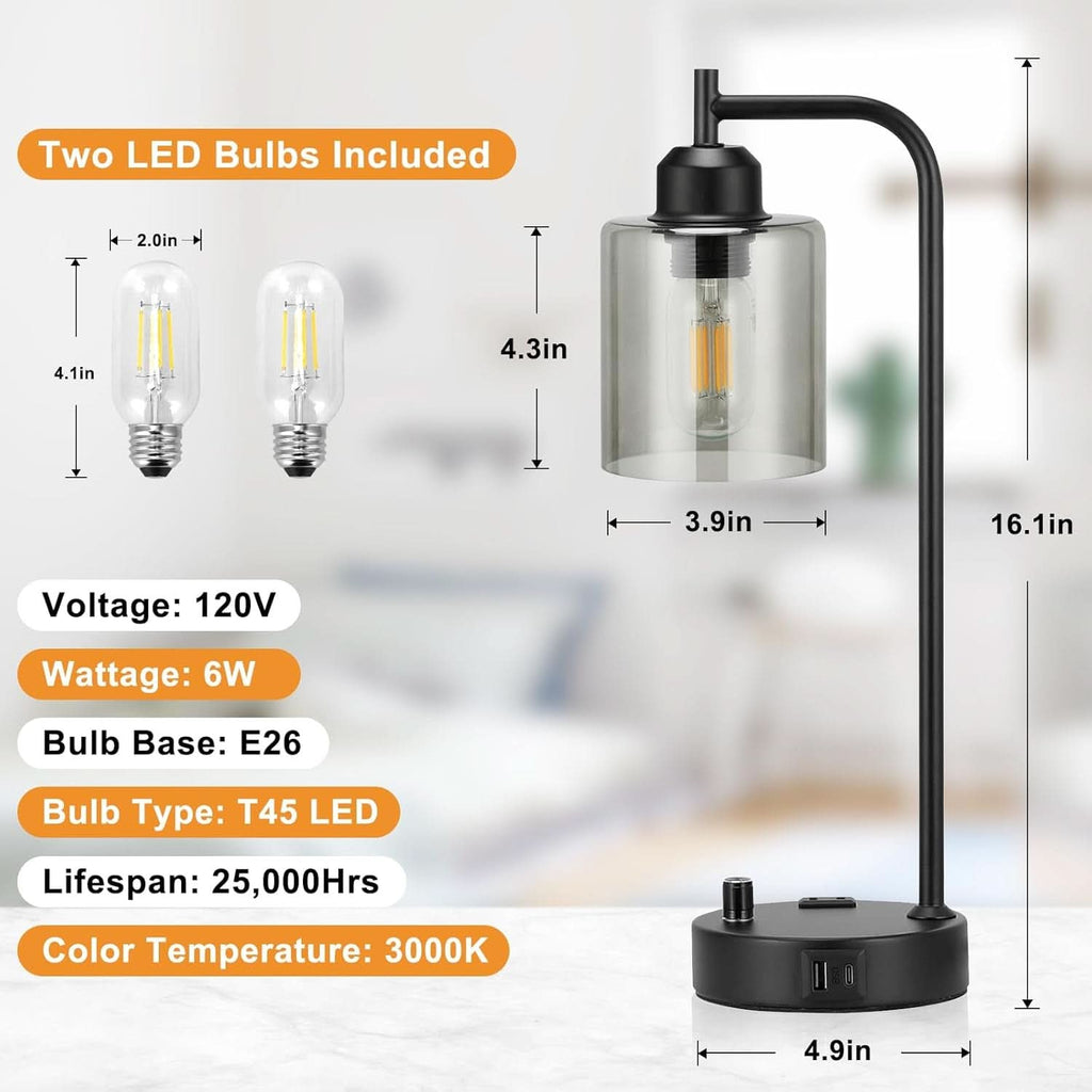 Industrial Desk Lamps 2 Pack Dimmable With USB C Ports