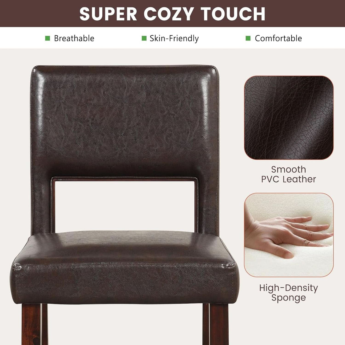 Counter Height Bar Stools Set Of Two, Twenty Four Point Five Inch, Brown Upholstered PVC Leather
