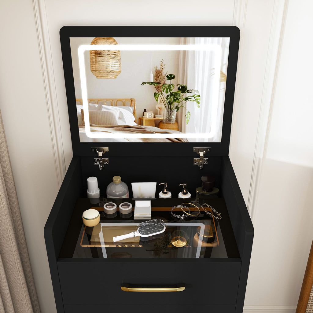 3 In 1 Vanity Desk With Open Top Mirror, Glass Desktop Makeup Set With 3 Drawers, Compact Dressing Table For Bedroom - Black