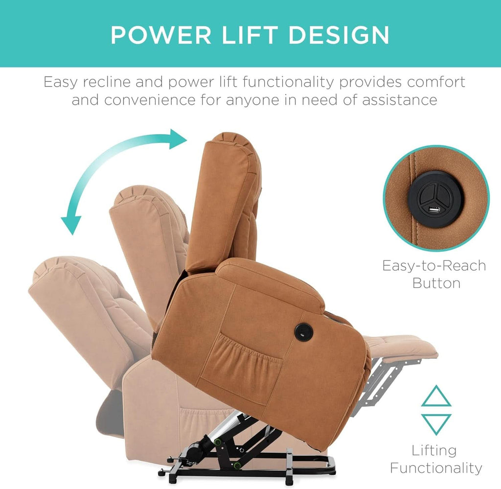 Cognac PU Leather Power Lift Recliner With Massage And Heat