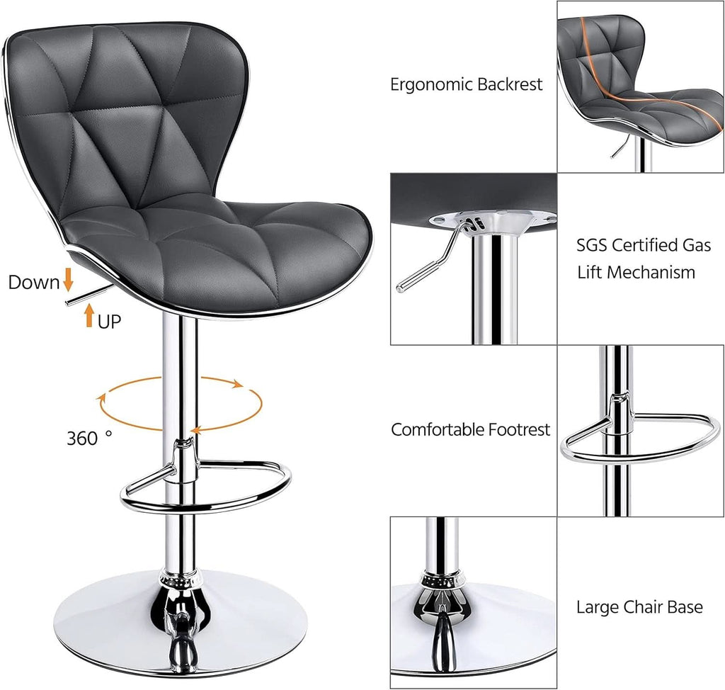 Grey Adjustable PU Leather Swivel Bar Stools Set of 2, Counter Height