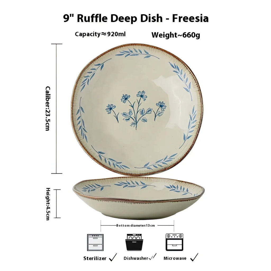 9-inch Ceramic Deep Plates with Blue Leaf Pattern