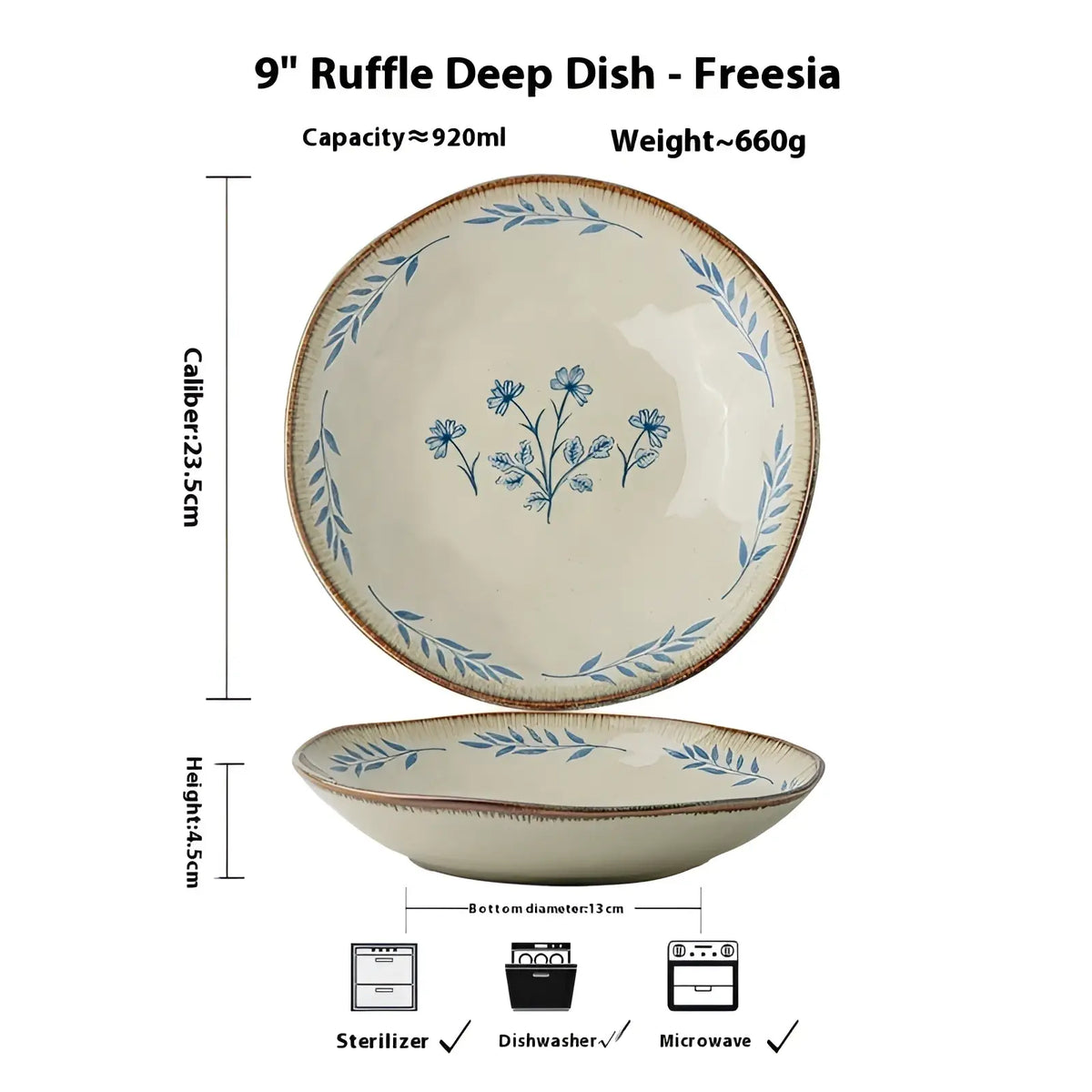 9-inch Ceramic Deep Plates with Blue Leaf Pattern
