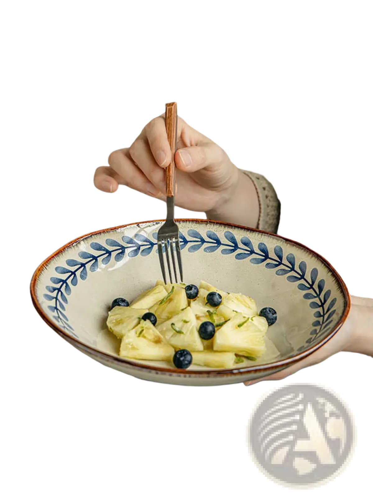 9-inch Ceramic Deep Plates with Blue Leaf Pattern