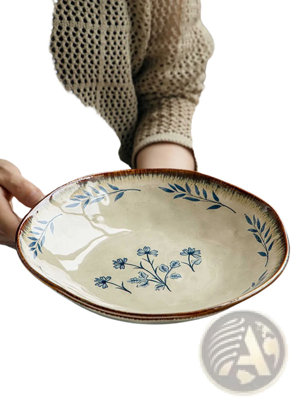 9-inch Ceramic Deep Plates with Blue Leaf Pattern