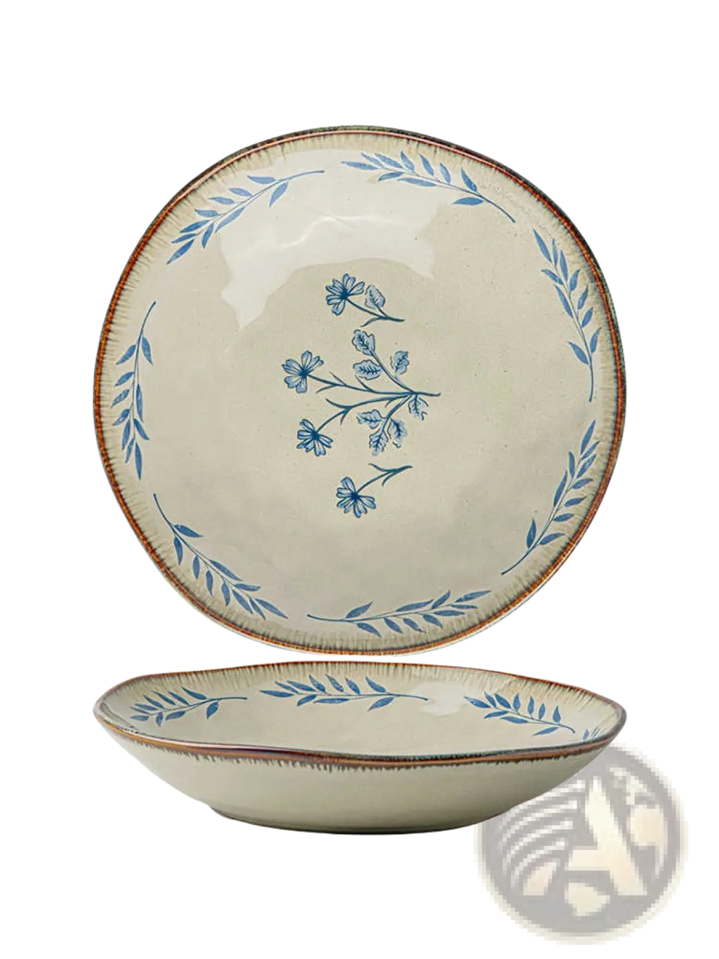 9-inch Ceramic Deep Plates with Blue Leaf Pattern