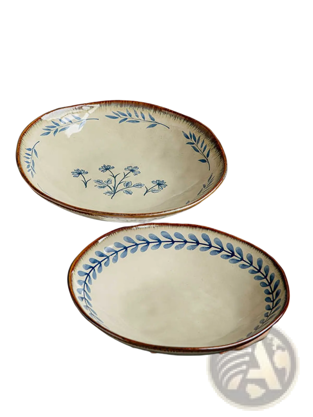 9-inch Ceramic Deep Plates with Blue Leaf Pattern