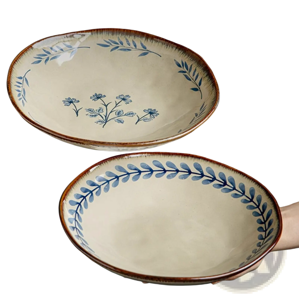 9-inch Ceramic Deep Plates with Blue Leaf Pattern