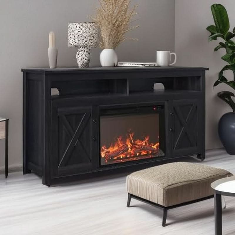 58 Inch Farmhouse TV Stand With Electric Fireplace Grey