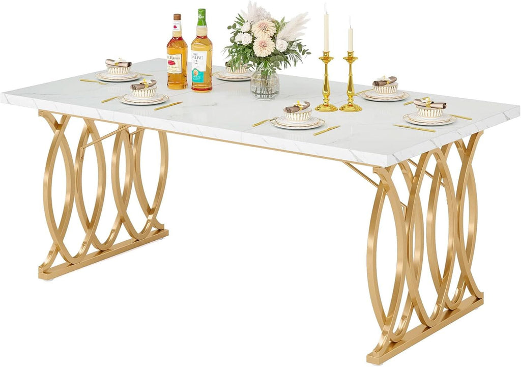 63 Inch Dining Table With Faux Marble Top For Kitchen And Dining Room