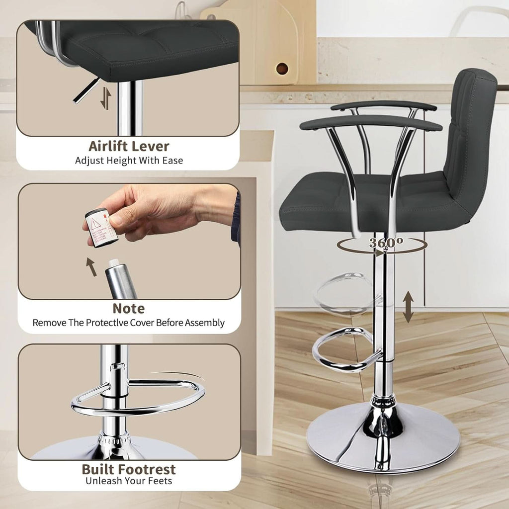 Two Adjustable Swivel Bar Stools With Back Grey PU Leather