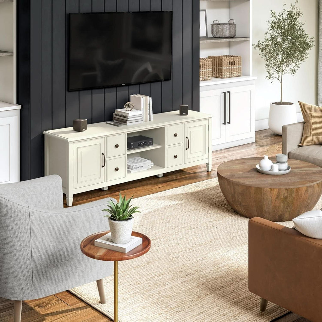 72 Inch Wide Solid Wood TV Stand Antique White With Storage