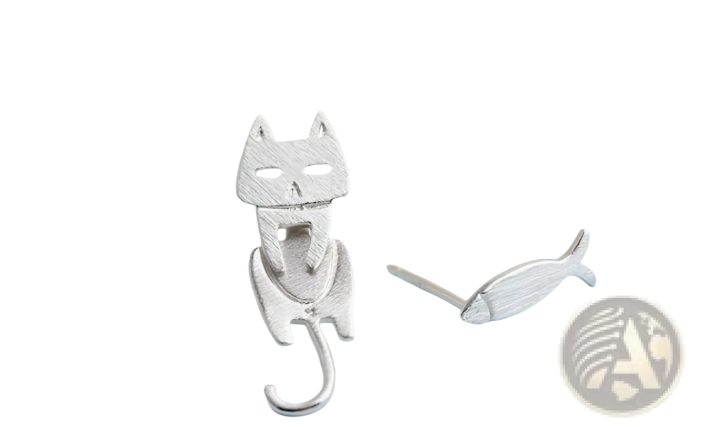 925 Sterling Silver Asymmetric Cat and Fish Stud Earrings