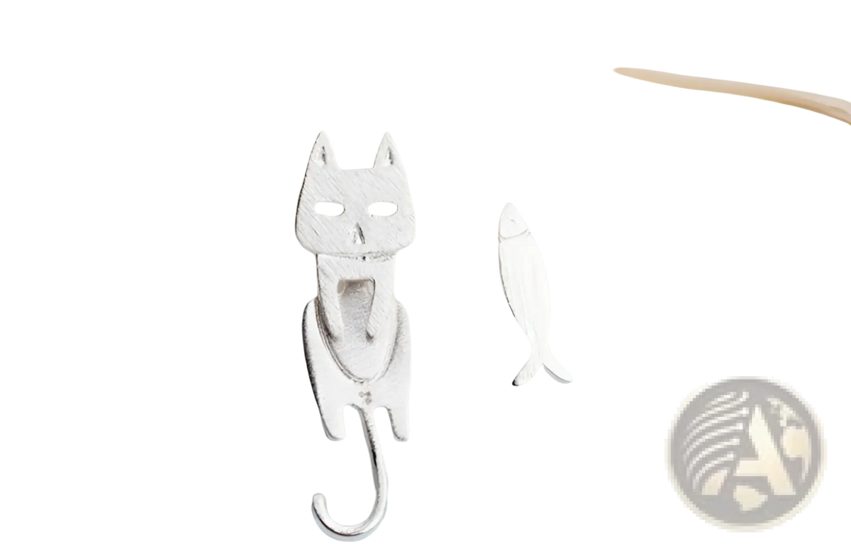 925 Sterling Silver Asymmetric Cat and Fish Stud Earrings