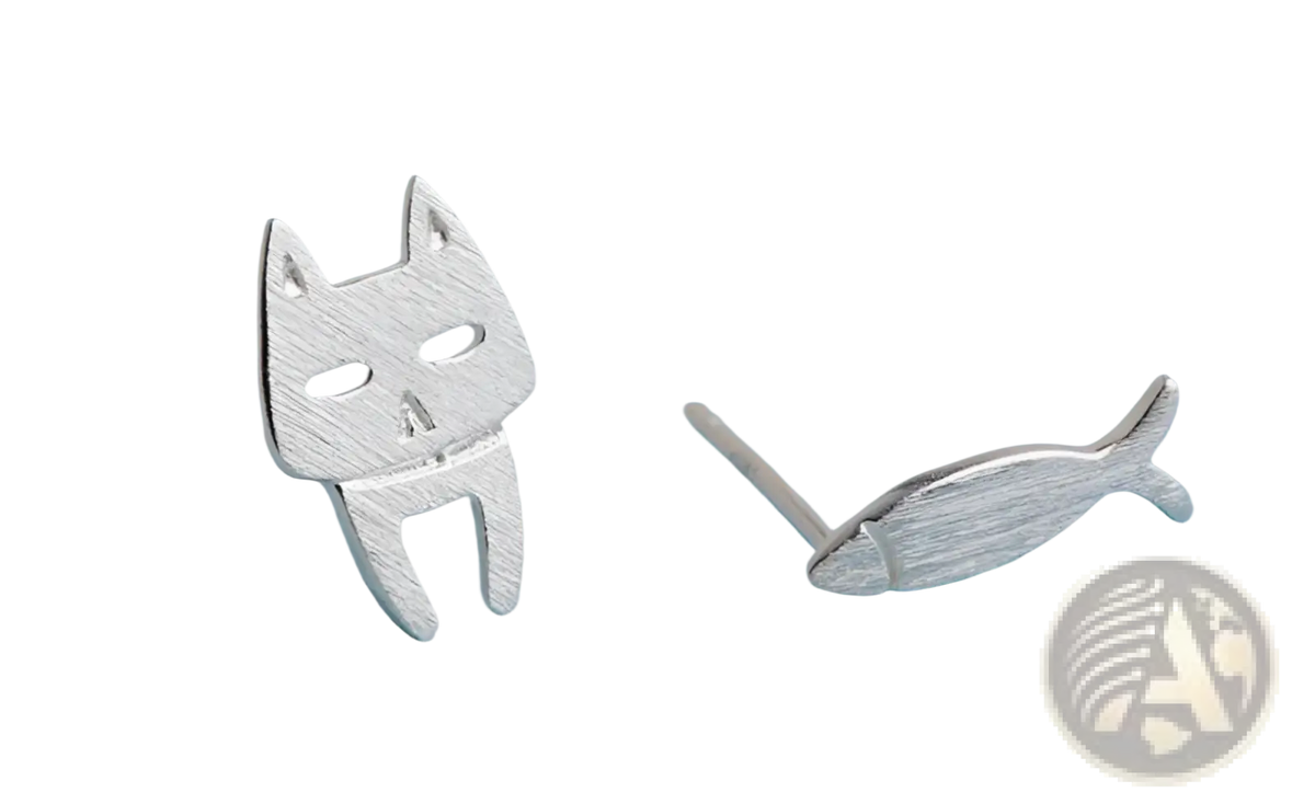 925 Sterling Silver Asymmetric Cat and Fish Stud Earrings