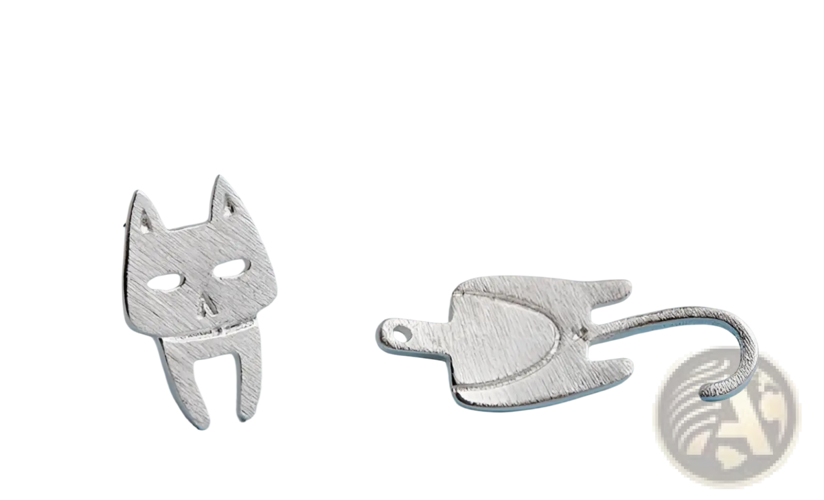925 Sterling Silver Asymmetric Cat and Fish Stud Earrings