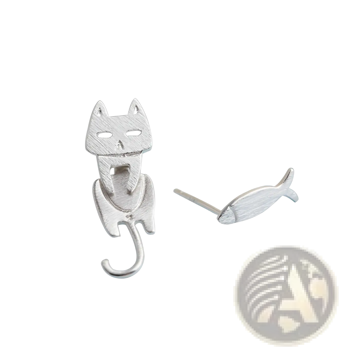 925 Sterling Silver Asymmetric Cat and Fish Stud Earrings