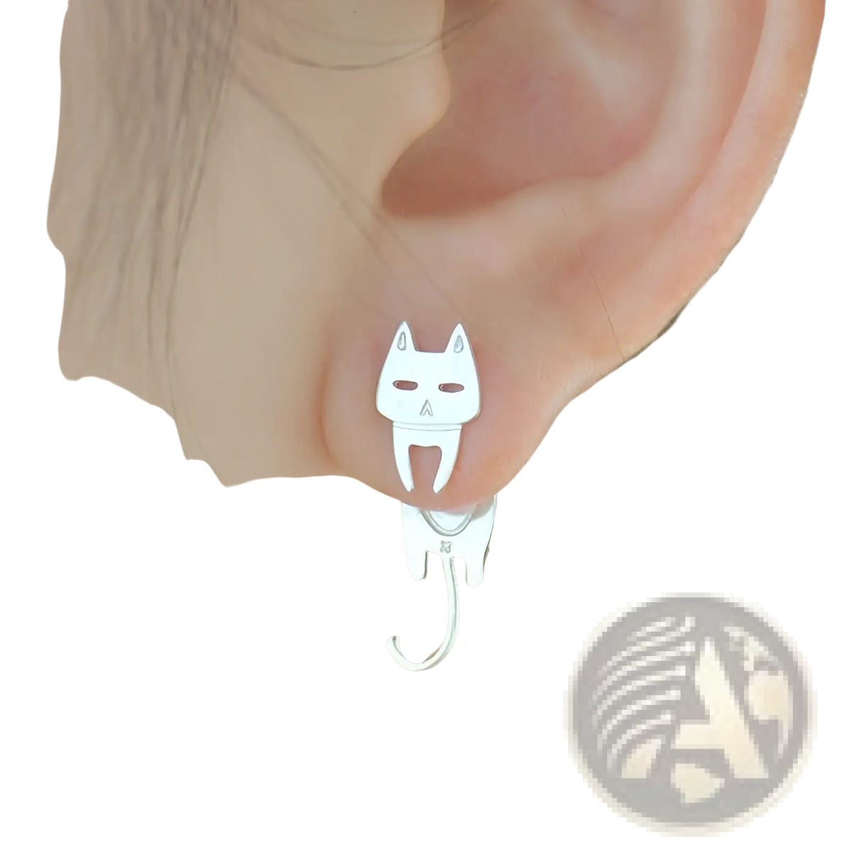 925 Sterling Silver Asymmetric Cat and Fish Stud Earrings