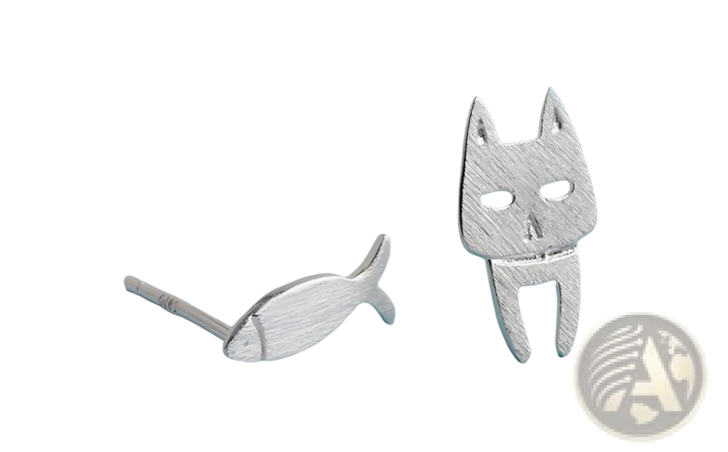 925 Sterling Silver Asymmetric Cat and Fish Stud Earrings