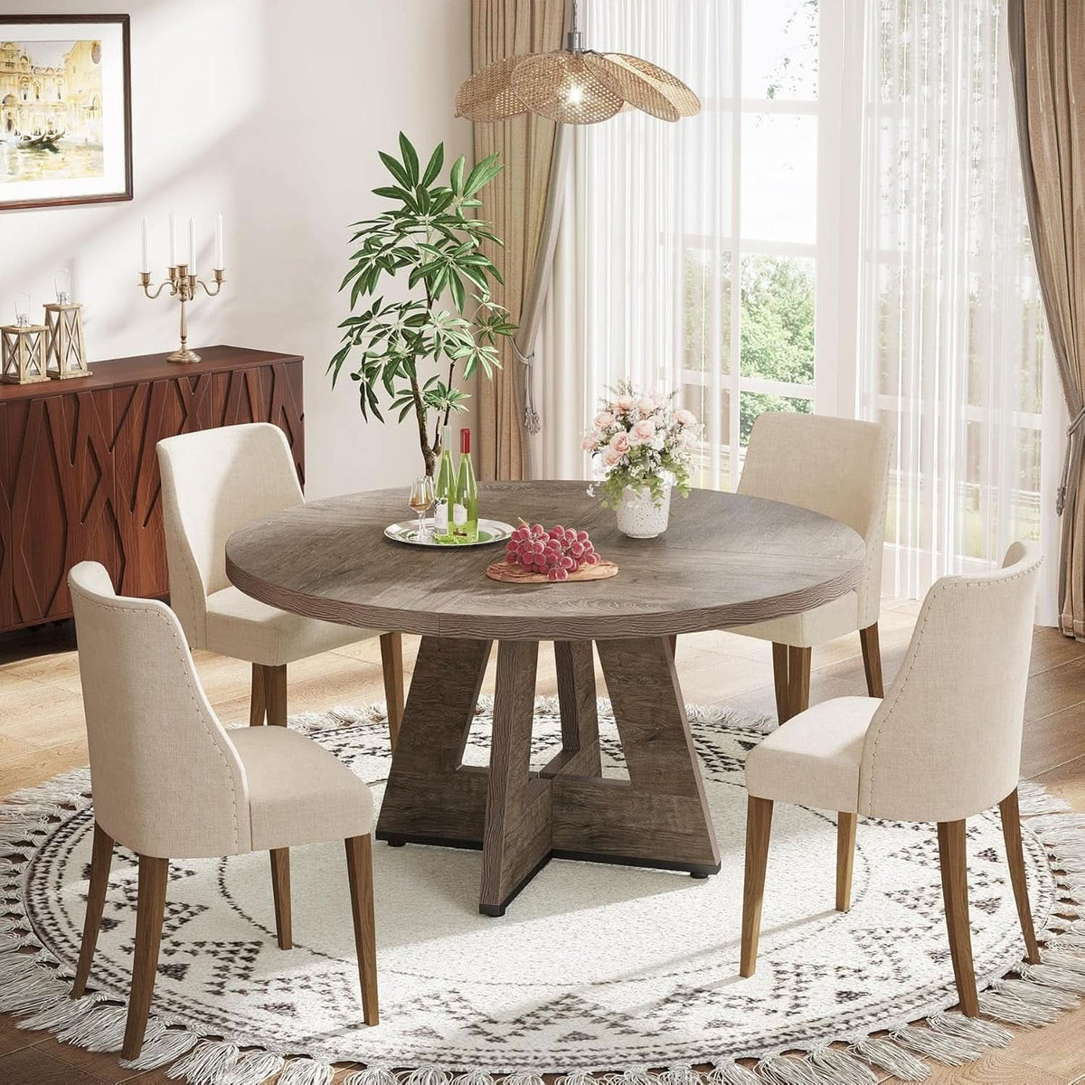 47 Inch Round Farmhouse Dining Table Grey For Four