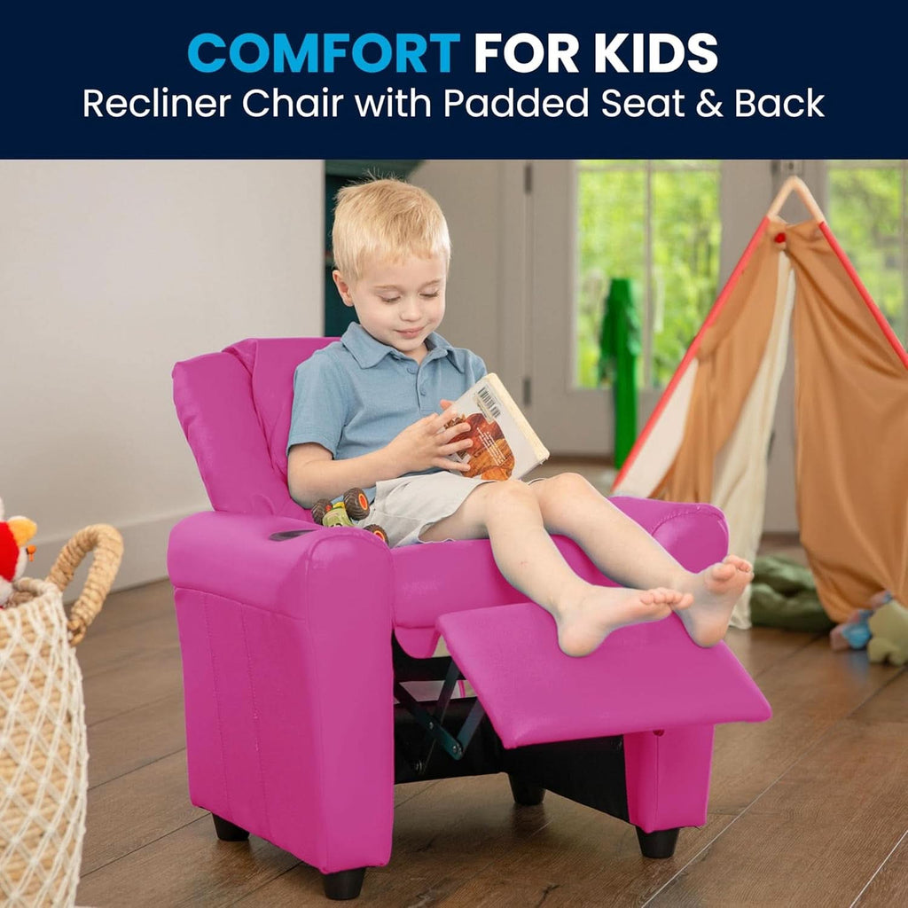 Hot Pink Kids Recliner With Cup Holder Compact Design