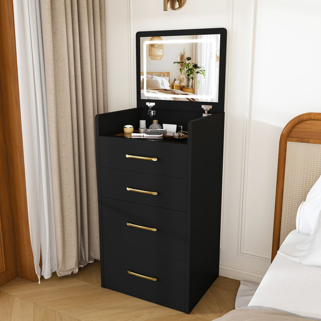 3 In 1 Vanity Desk With Open Top Mirror, Glass Desktop Makeup Set With 3 Drawers, Compact Dressing Table For Bedroom - Black