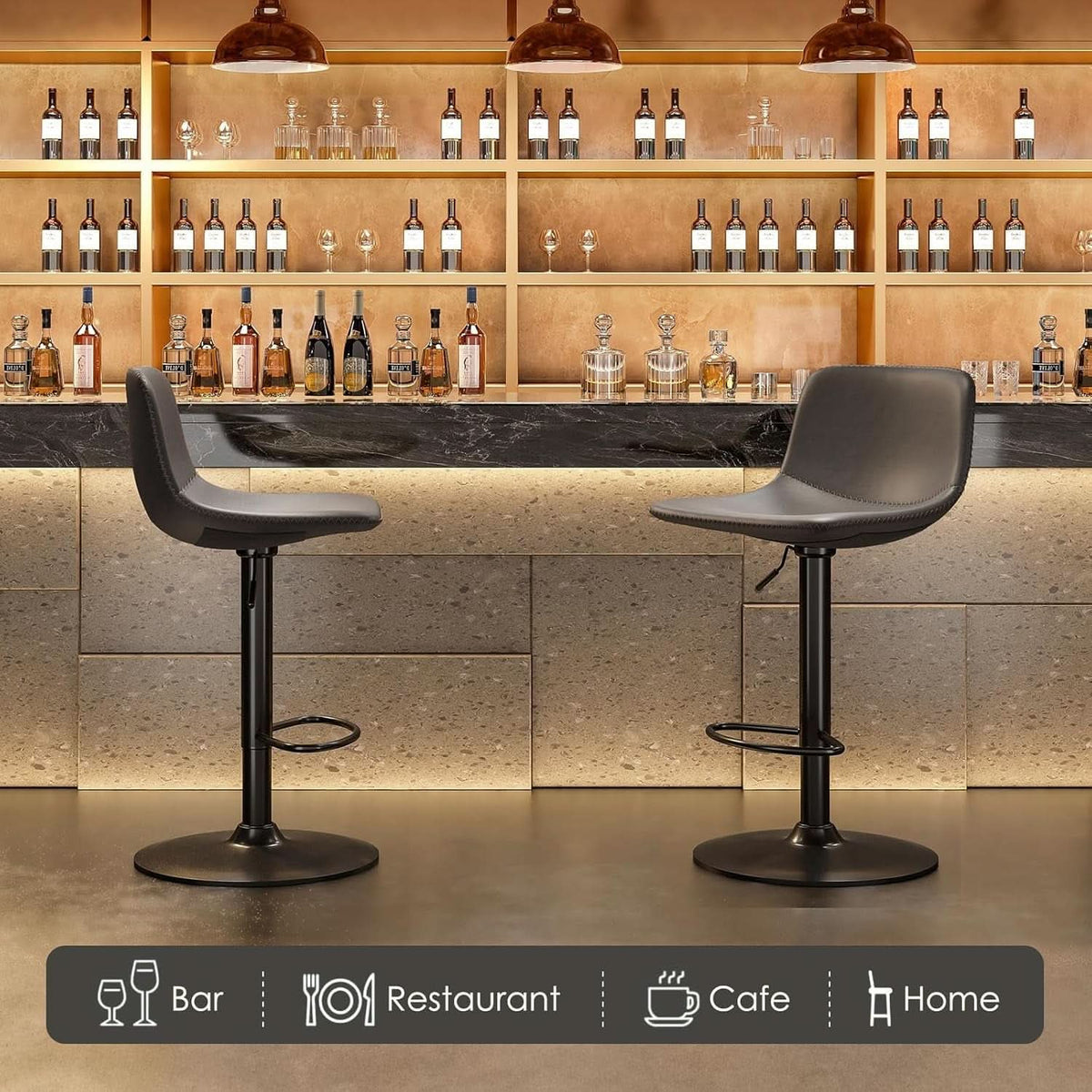 Adjustable Bar Stools Set of 2 PU Leather Back Support