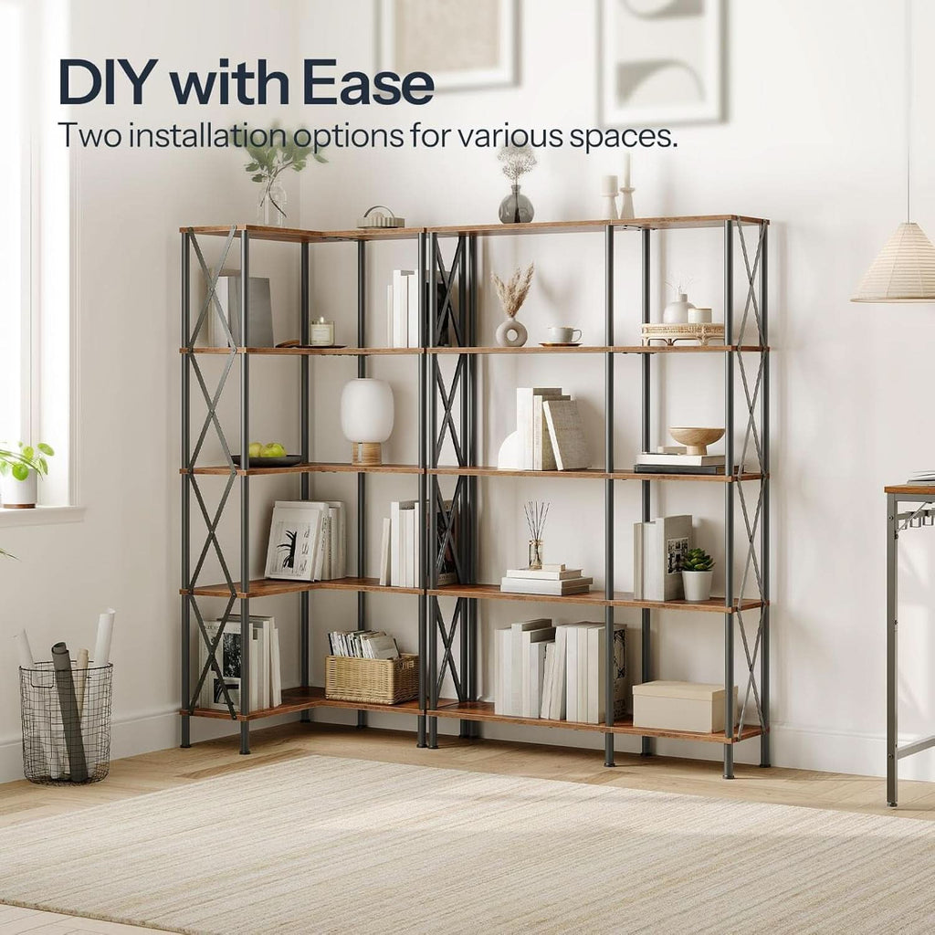 Corner Bookshelf 5-Tier L-Shaped Industrial Bookcase In Rustic Brown