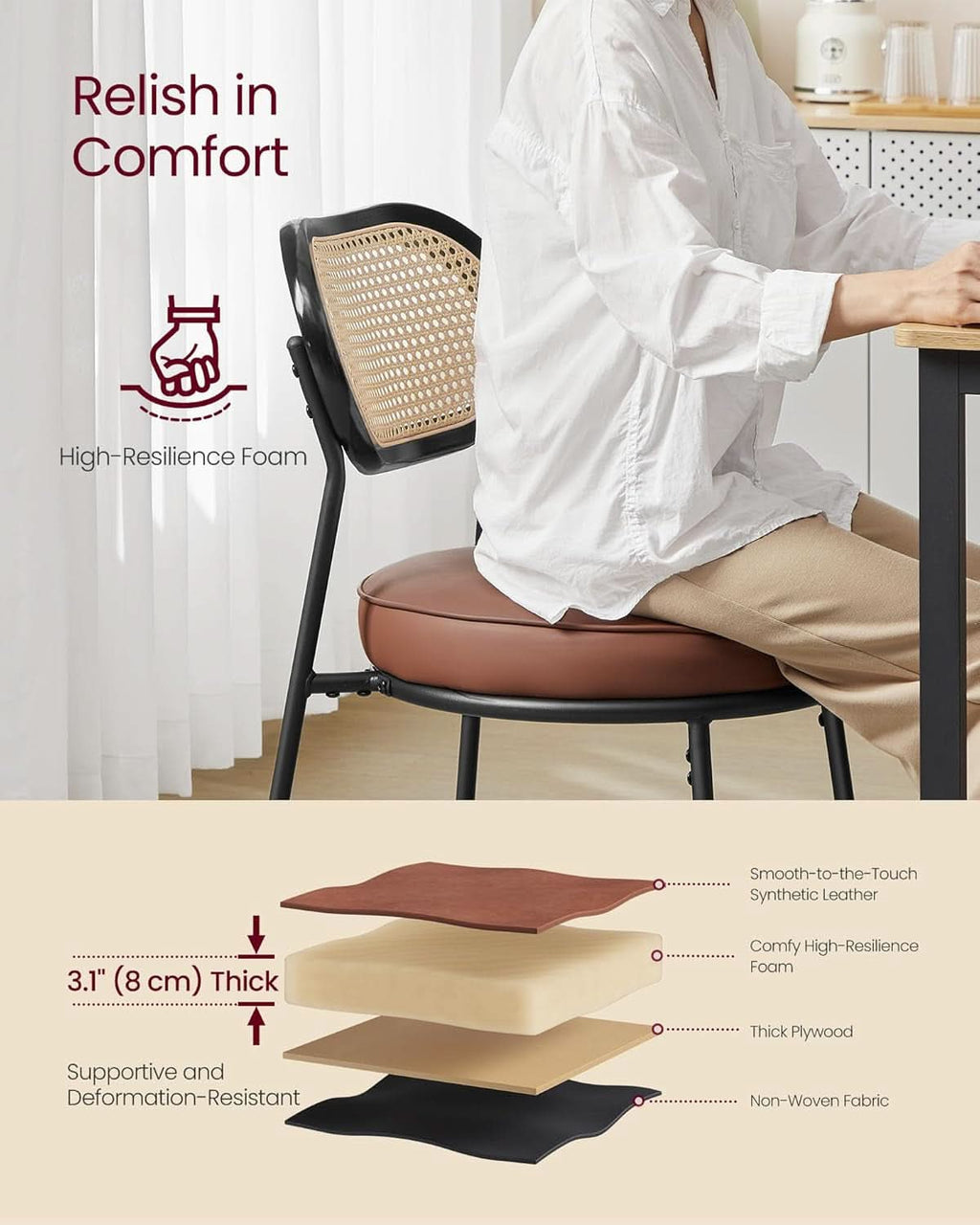 Dining Chairs Set of 4 With Boho Rattan Back Coffee Brown
