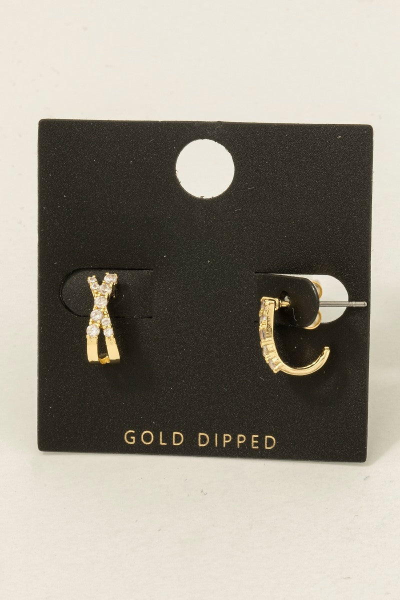 Gold Dipped Cz Pave X Hoop Earrings