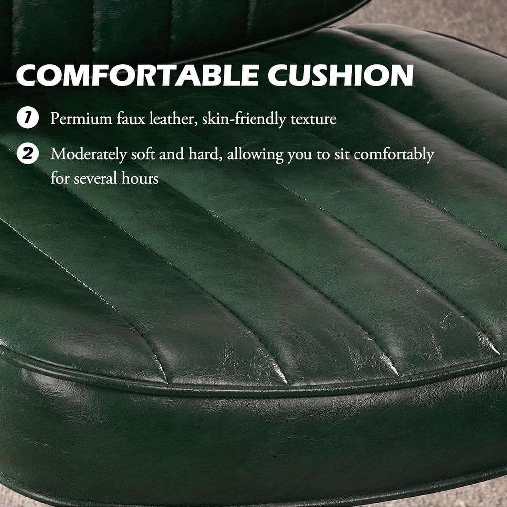 Green Leather Mid Century Office Chair With Wheels And Arms