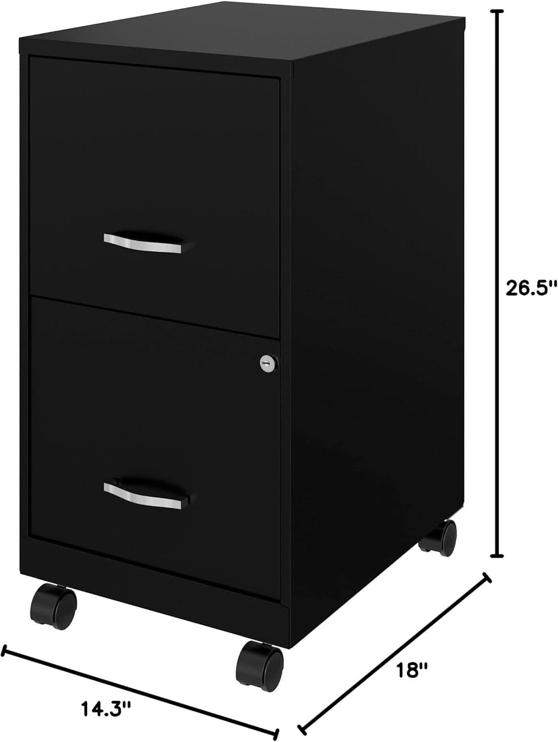 Two-Drawer Mobile File Cabinet Black With Locking Drawers 14.2 X 18 X 26.5 Inches Steel