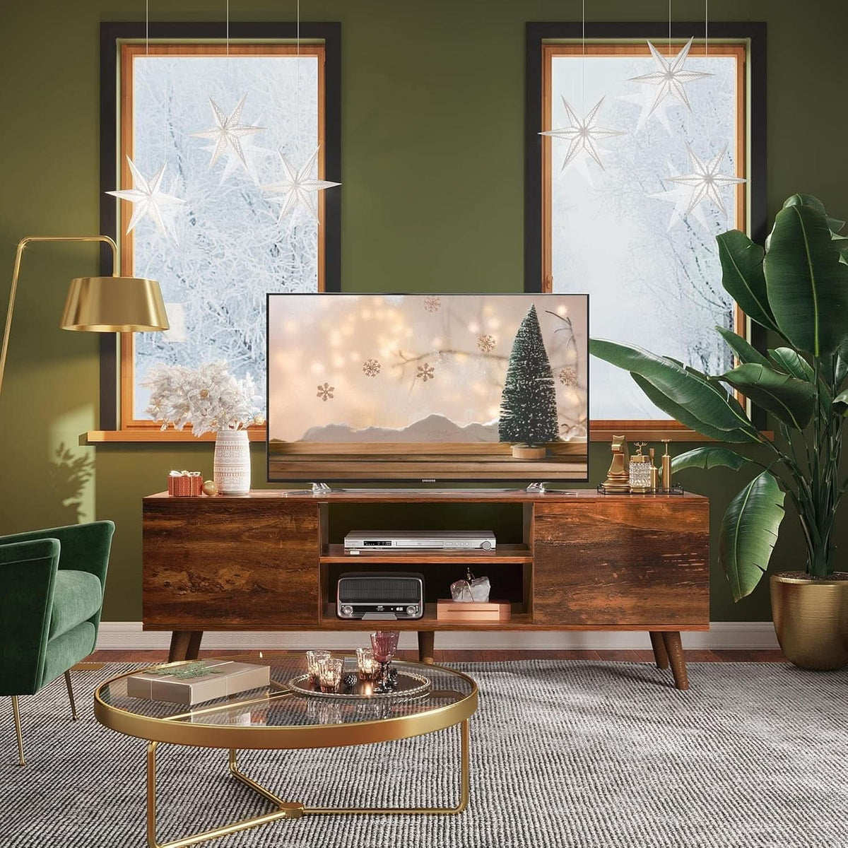 Mid Century TV Stand 55 to 60 Inch Retro Brown Finish