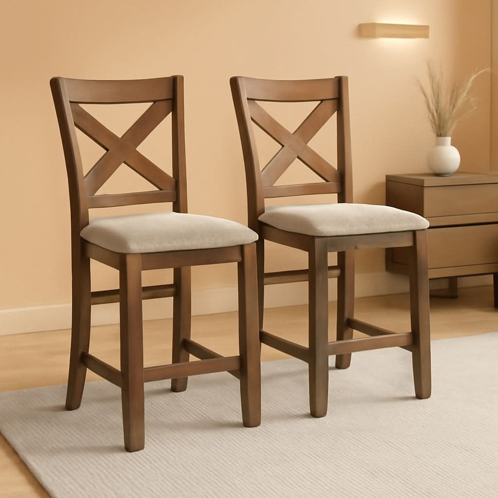 Moriville 24.5 Inch Upholstered Farmhouse Barstools Beige Brown Set of Two