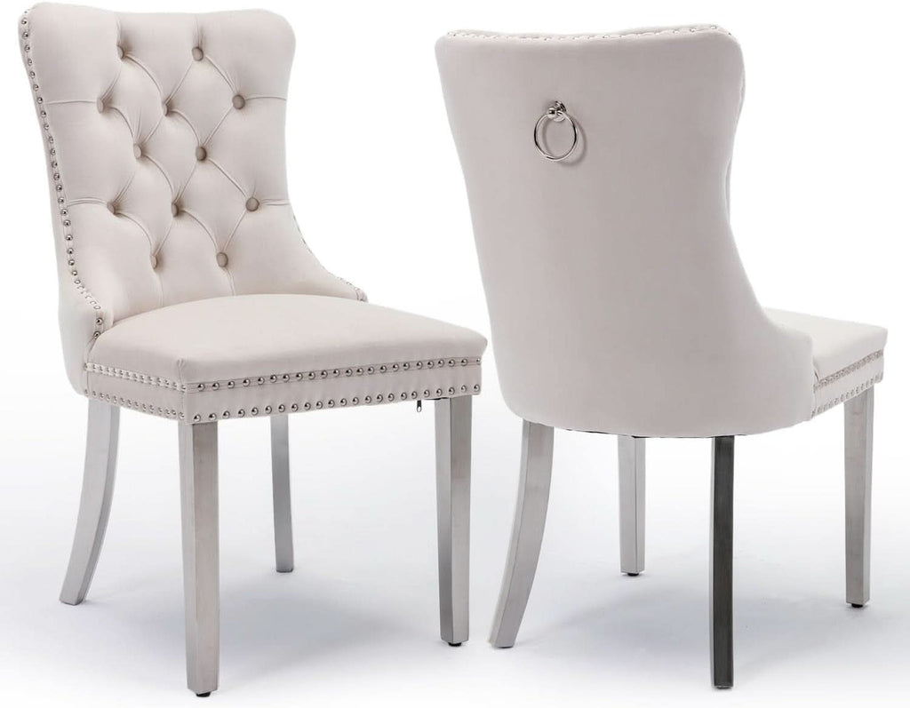 Velvet Dining Chairs Set Of 2 Beige Tufted Upholstered