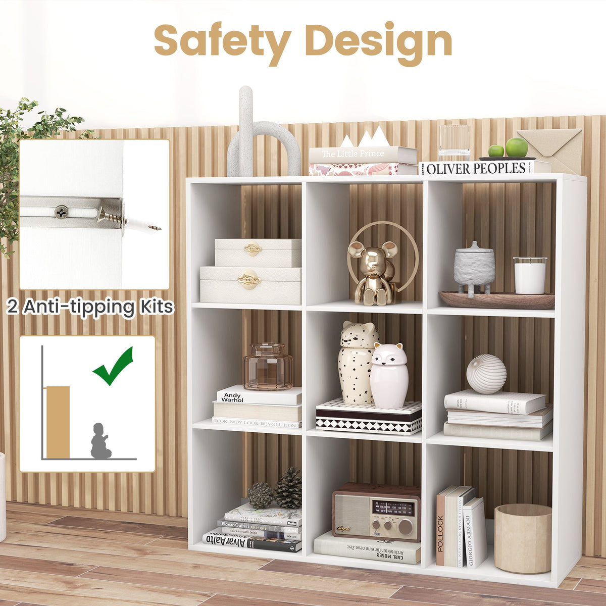 9 Cube Bookshelf with Back Guardrail for Living Room Bedroom-White