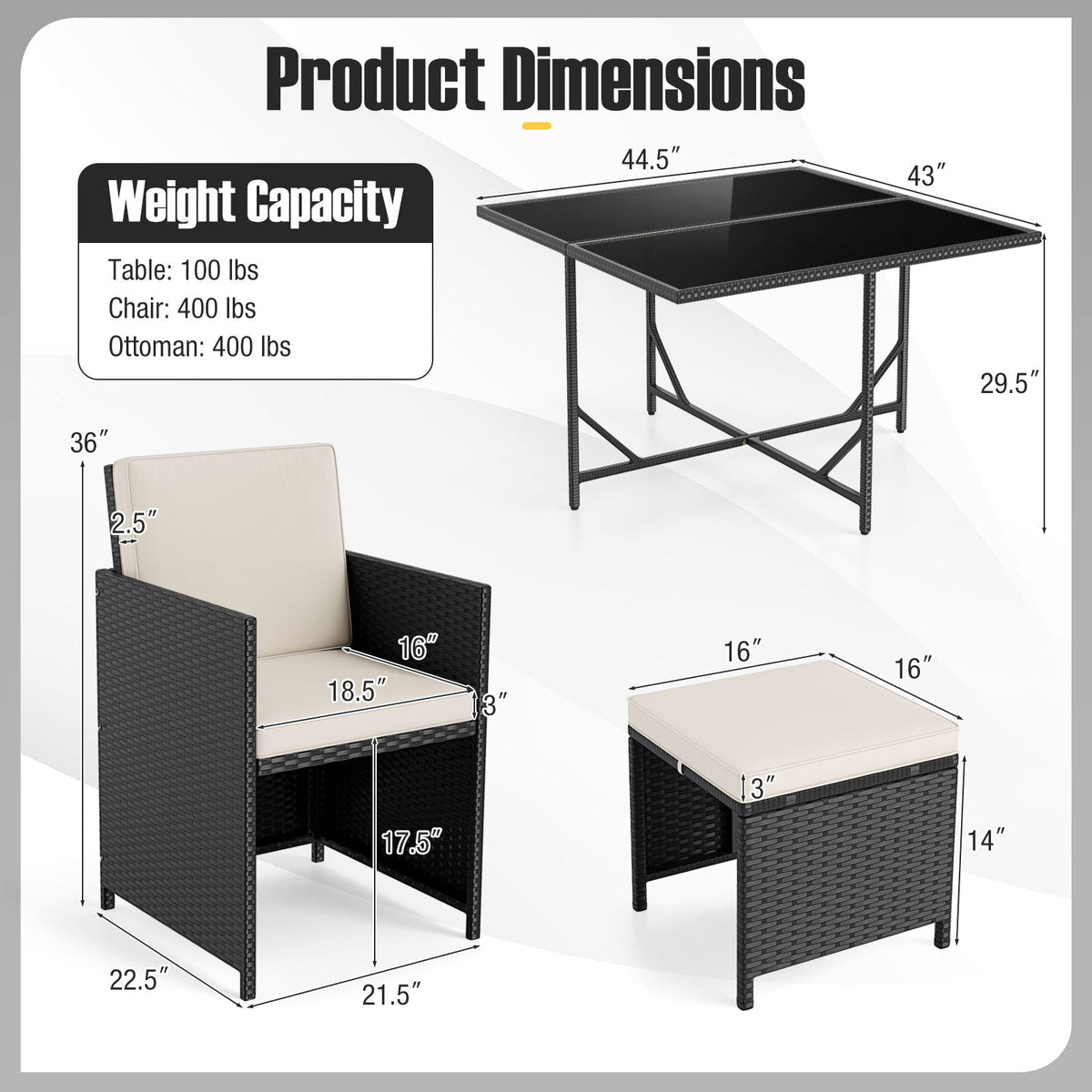 9 Piece Patio Dining Set with Tempered Glass Table and Ottoman