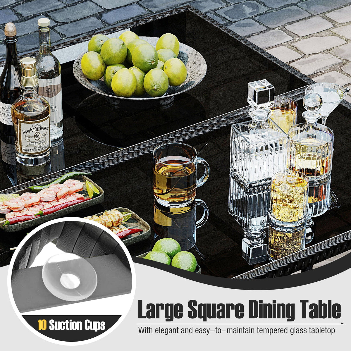 9 Piece Patio Dining Set with Tempered Glass Table and Ottoman