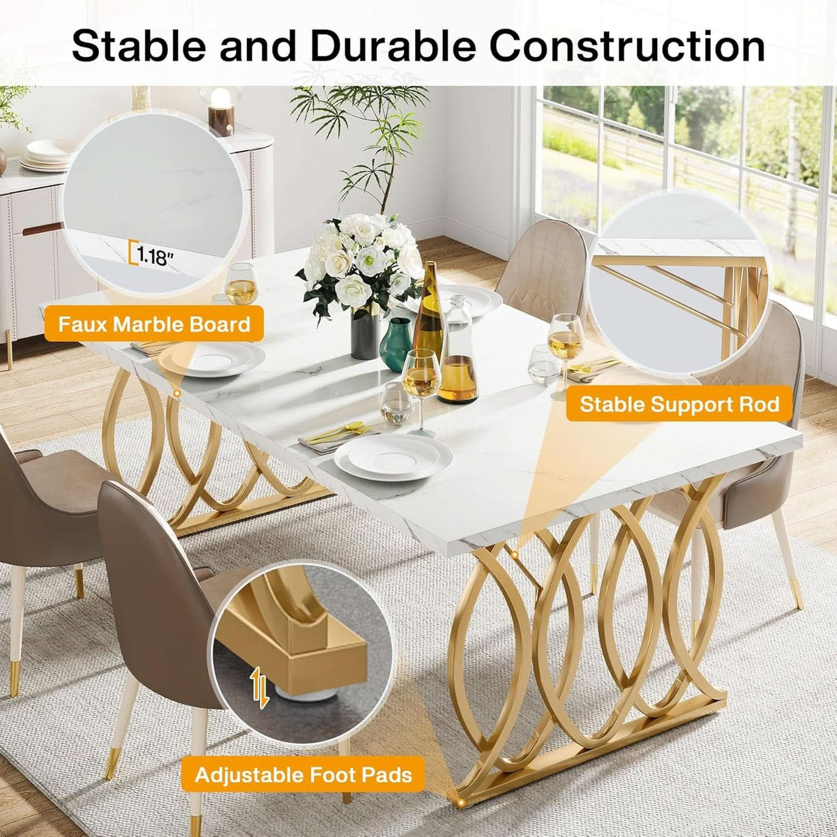 63 Inch Dining Table With Faux Marble Top For Kitchen And Dining Room